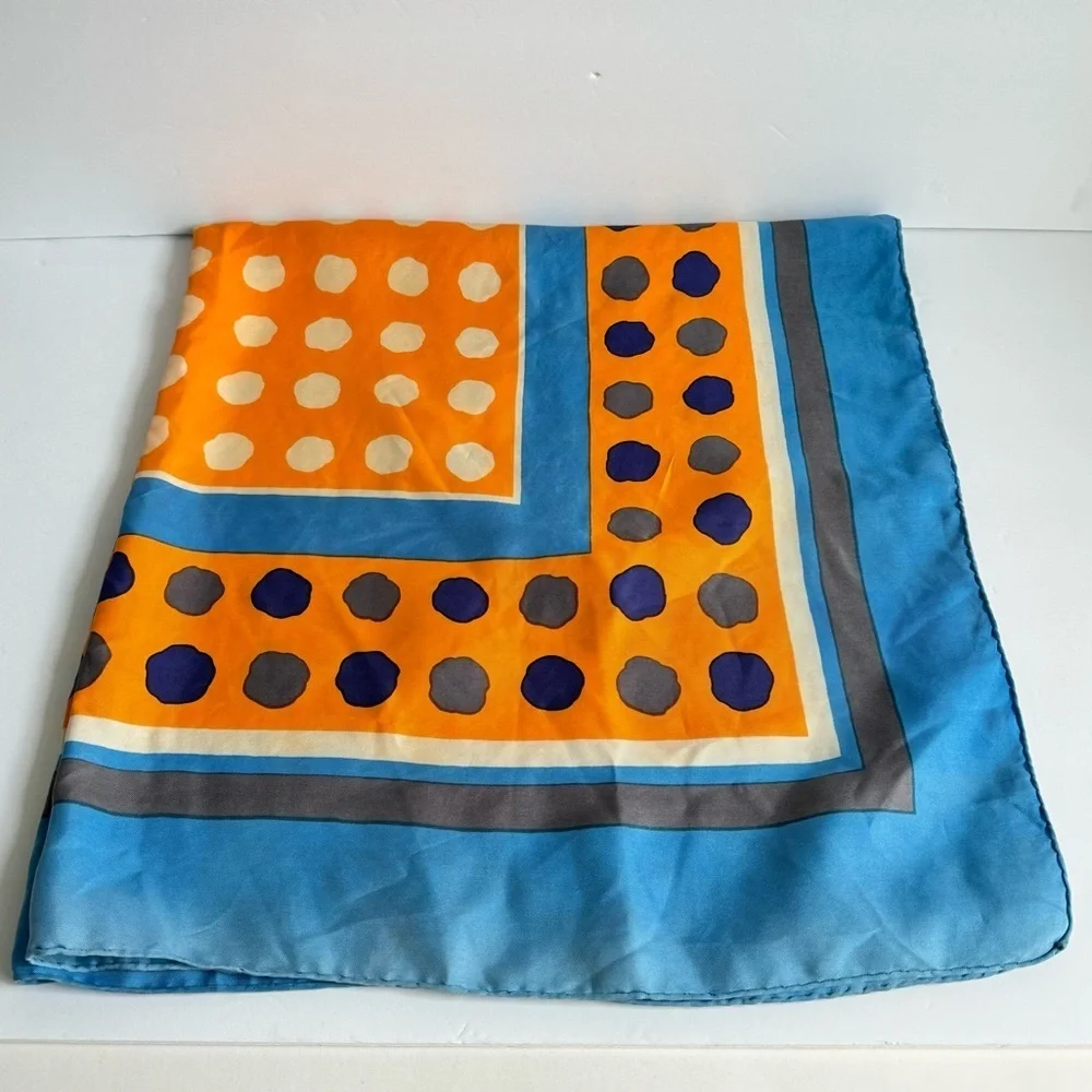 Vintage Yves Saint Laurent Silk‎ Scarf Blue Orange Large Polka Dot Geometric Mod